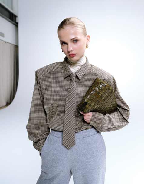 Lioness Notting Hill cotton oversized shoulder pad detailing multiway button front shirt with neck tie in dark beige plaid - view 1