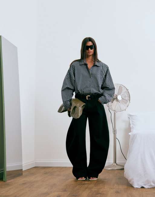 Lioness Notting Hill cotton oversized shoulder pad detailing multiway button up shirt in navy and lemon plaid, 2 of 4