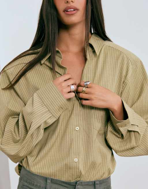 Lioness Notting Hill oversized shoulder pad detail multiway button front shirt in beige plaid check, 3 of 5