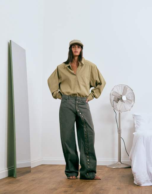 Lioness Notting Hill oversized shoulder pad detail multiway button front shirt in beige plaid, 2 of 5