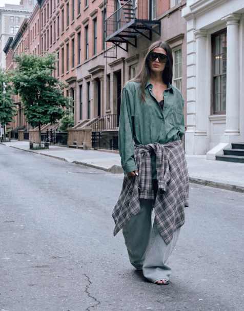 Lioness Notting Hill oversized shoulder pad detail multiway button front shirt in green plaid check - view 1