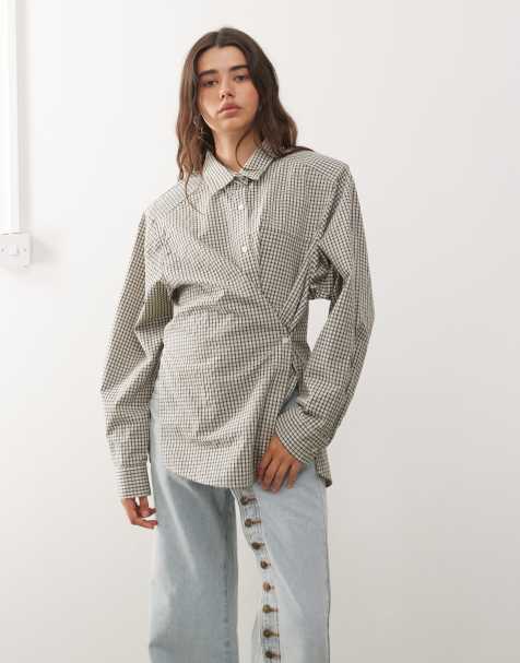 Lioness Notting Hill oversized shoulder pad detailing multiway button front shirt in cream plaid - view 1