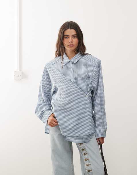 Lioness – Notting Hill – Zapinana na guziki koszula oversize w jasnoniebieską kratkę z poduszkami na ramionach - view 1