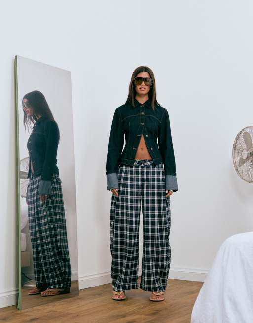 Lioness Nova relaxed barrel leg pants in navy plaid check, 2 of 5