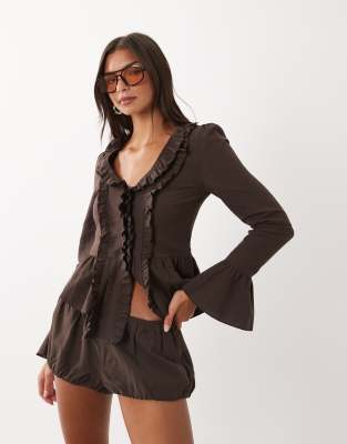 Lioness Odette Linen Rich Ruffle Detail Long Sleeve Flare Sleeve Top Co-ord In Brown