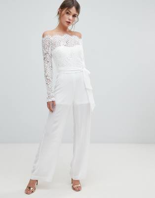 white lace off the shoulder jumpsuit