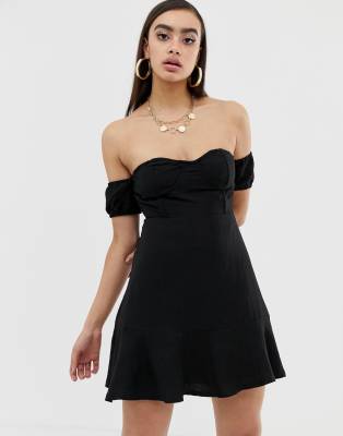 Lioness off shoulder sweetheart mini dress with overlay in black | ASOS