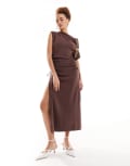 Lioness off shoulder thigh split midaxi dress in brown