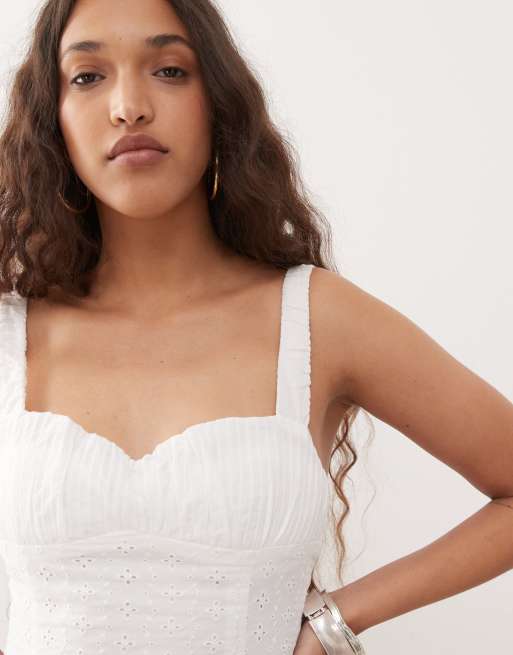 Lioness - Olsen - Robe courte en broderie anglaise de coton avec buste froncé - Blanc, 4 de 4