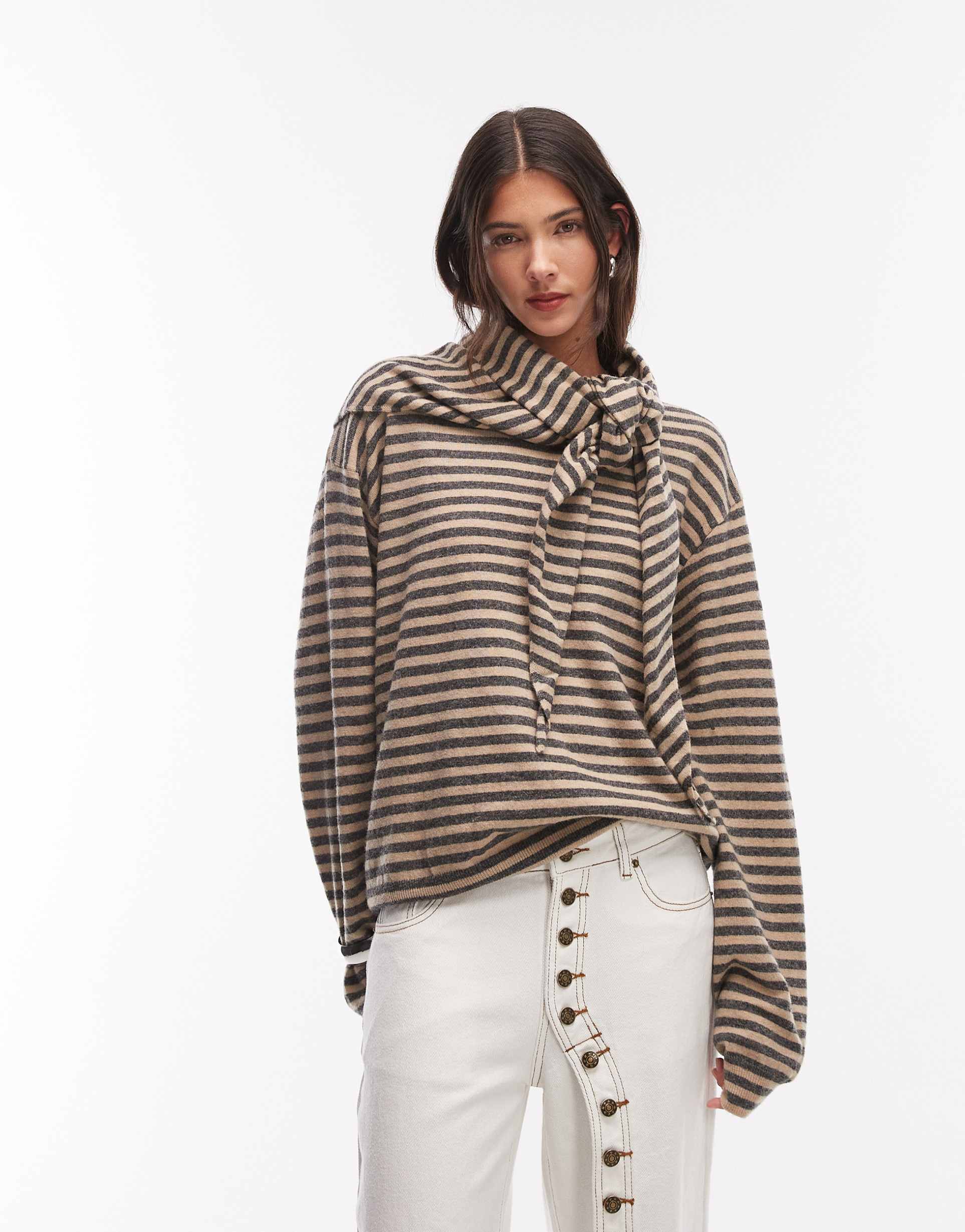 lioness olsen wool blend knit boxy long sleeve detachable scarf detail sweater in beige and slate stripes