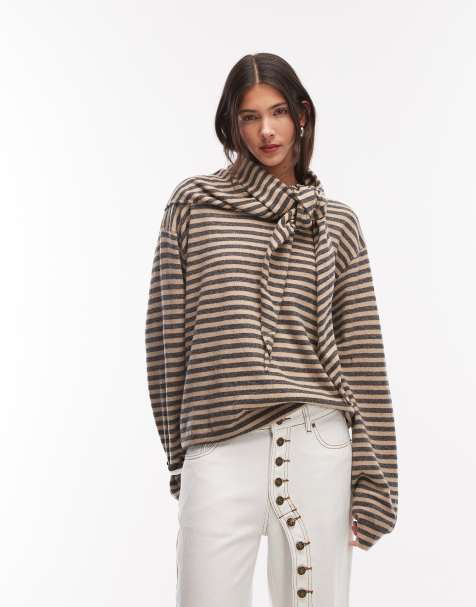 Lioness Olsen wool blend knitted boxy long sleeve detachable scarf detail jumper in beige and slate stripe