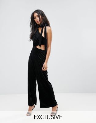 Lioness One Shoulder Choker Detail Velvet Jumpsuit