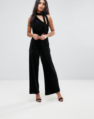 one shoulder velvet jumpsuit