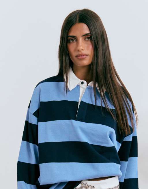 Lioness Outbound oversized contrast collar jersey in navy striped print, 3 of 4