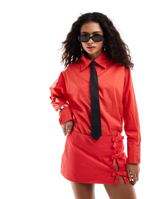Lioness - Overhemd met zwarte stropdas in rood, deel van co-ord set
