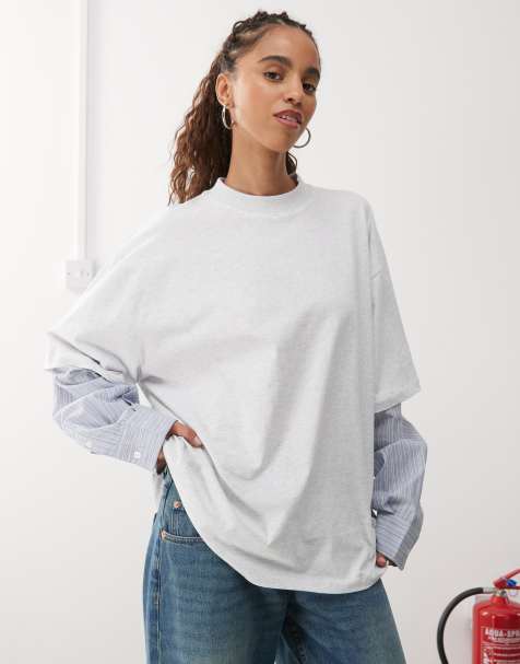 Lioness - Oversized 2-i-1-skjorte med T-shirt-overlag og grå/blå striber - view 1