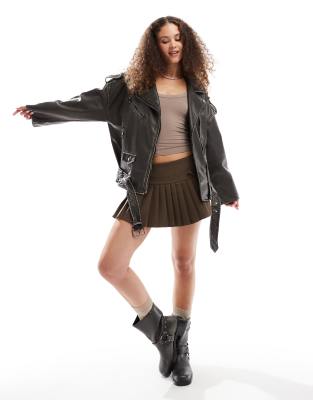 Lioness oversized distressed leather look pocket detail biker jacket in charcoal-Grey