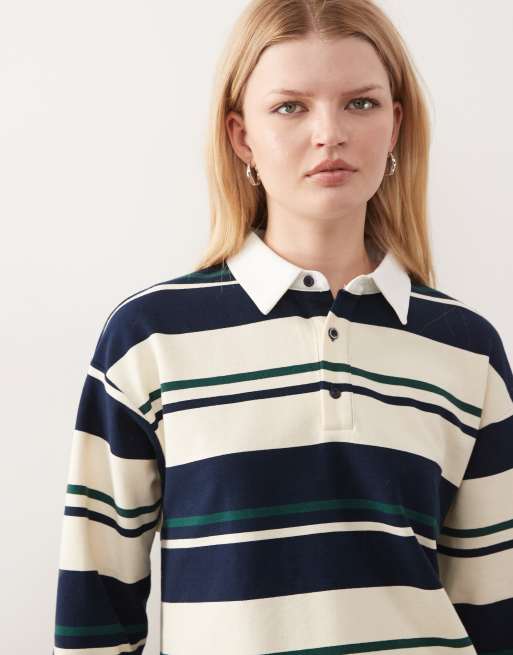 Lioness - Oversized og langærmet rugbytop med preppy krave og marineblå/hvide striber, 3 af 4