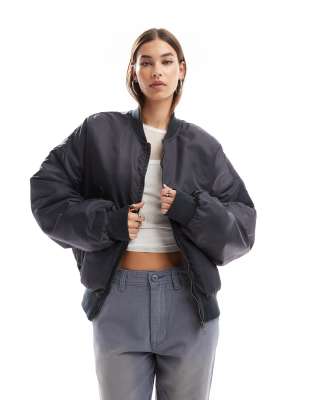 Lioness Lioness oversized puffer zip through bomber jacket in charcoal-Grey