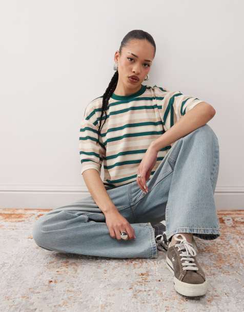 Lioness oversized short sleeve side split t-shirt in green stripe - view 1