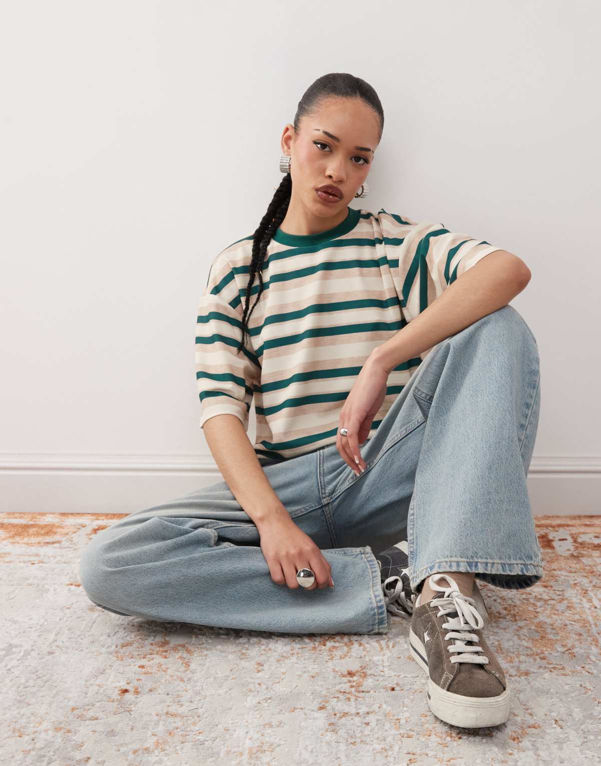 Lioness oversized short sleeve side split t-shirt in green stripe