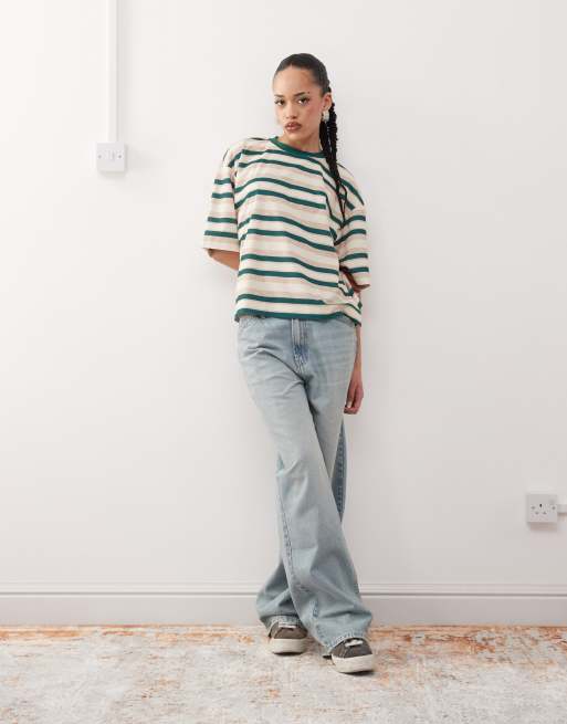 Lioness oversized short sleeve side split t-shirt in green stripe, 2 of 4