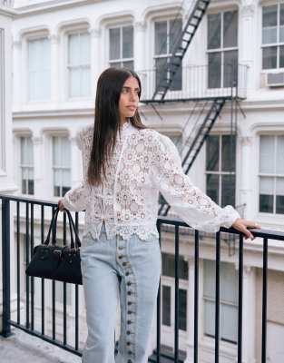 Lioness Overtime Napoleon Button Detailing Balloon Sleeve Intricate Floral Sheer Lace Blouse In White