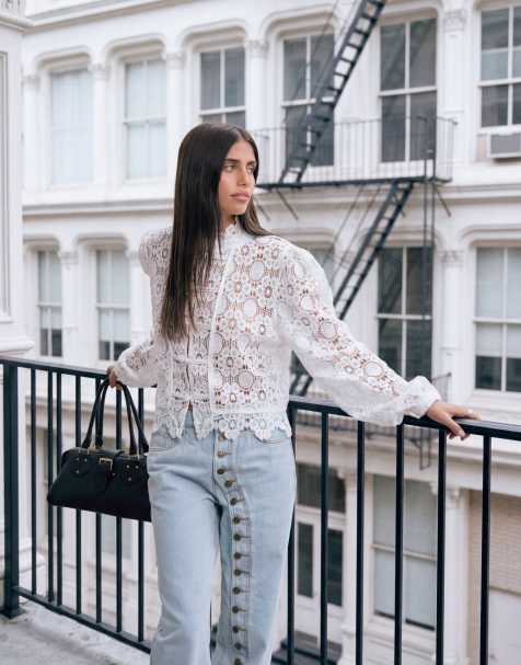 Lioness Overtime napoleon button detailing balloon sleeve intricate floral sheer lace blouse in white - view 1
