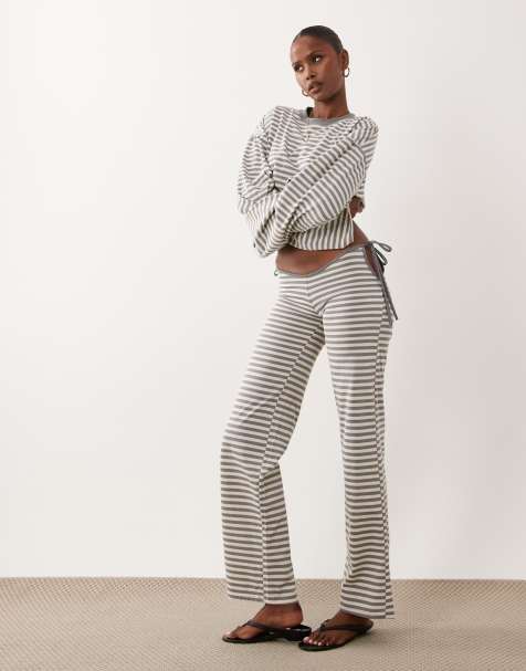 Lioness pantalon droit à lien à la taille en mélange de coton à rayures cendrées - view 1
