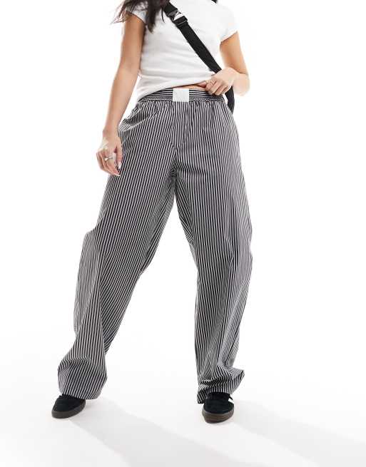 Lioness - Pantaloni a fondo ampio con vita stile boxer neri a righe