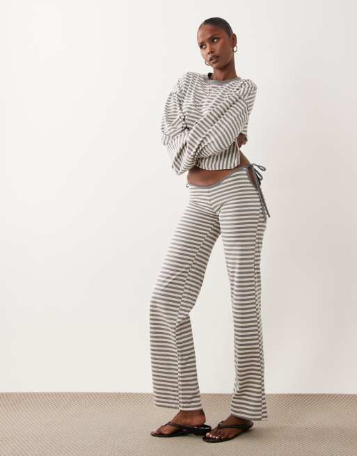 Lioness pantaloni dritti in misto cotone con cintura da annodare e dettaglio a righe grigio cenere, 1 di 5