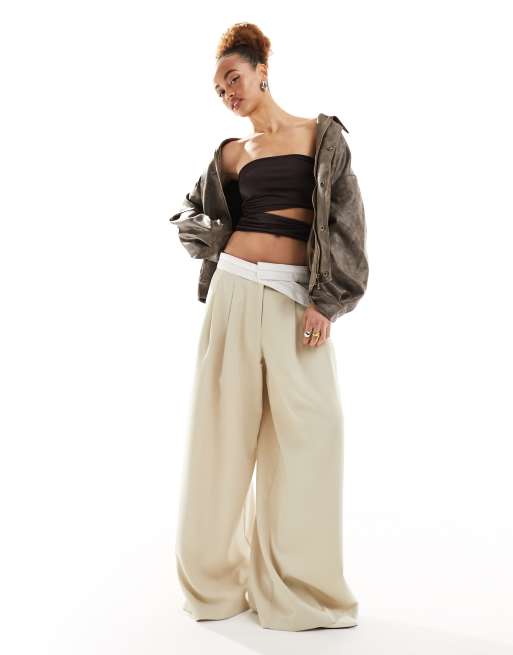 Lioness - Pantaloni sartoriali beige a vita bassa con fascia in vita a contrasto