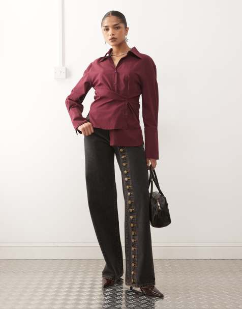 Lioness Penny asymmetric button detail relaxed leg jeans in black - view 1