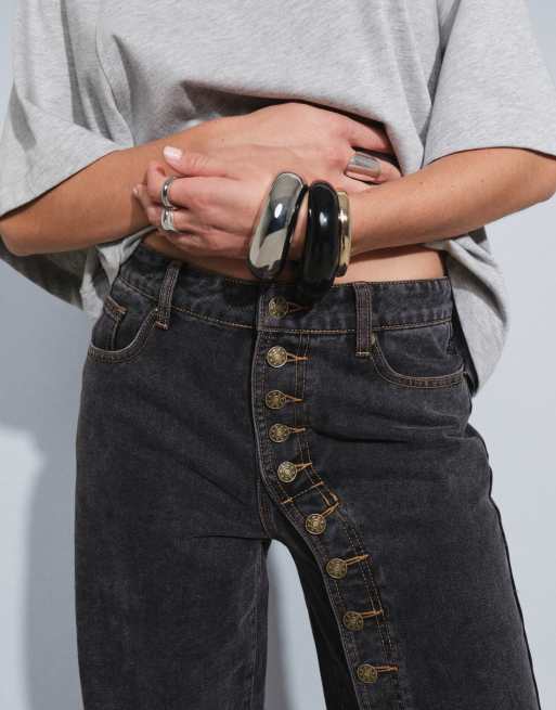Lioness Penny asymmetric button detail relaxed leg jeans in black, 3 of 5