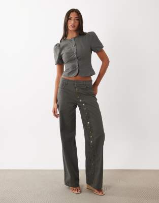 Lioness Penny asymmetric button detail relaxed leg jeans in charcoal