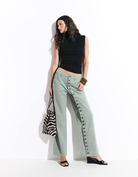 Lioness Penny asymmetric button detail relaxed leg jeans in khaki - view 1