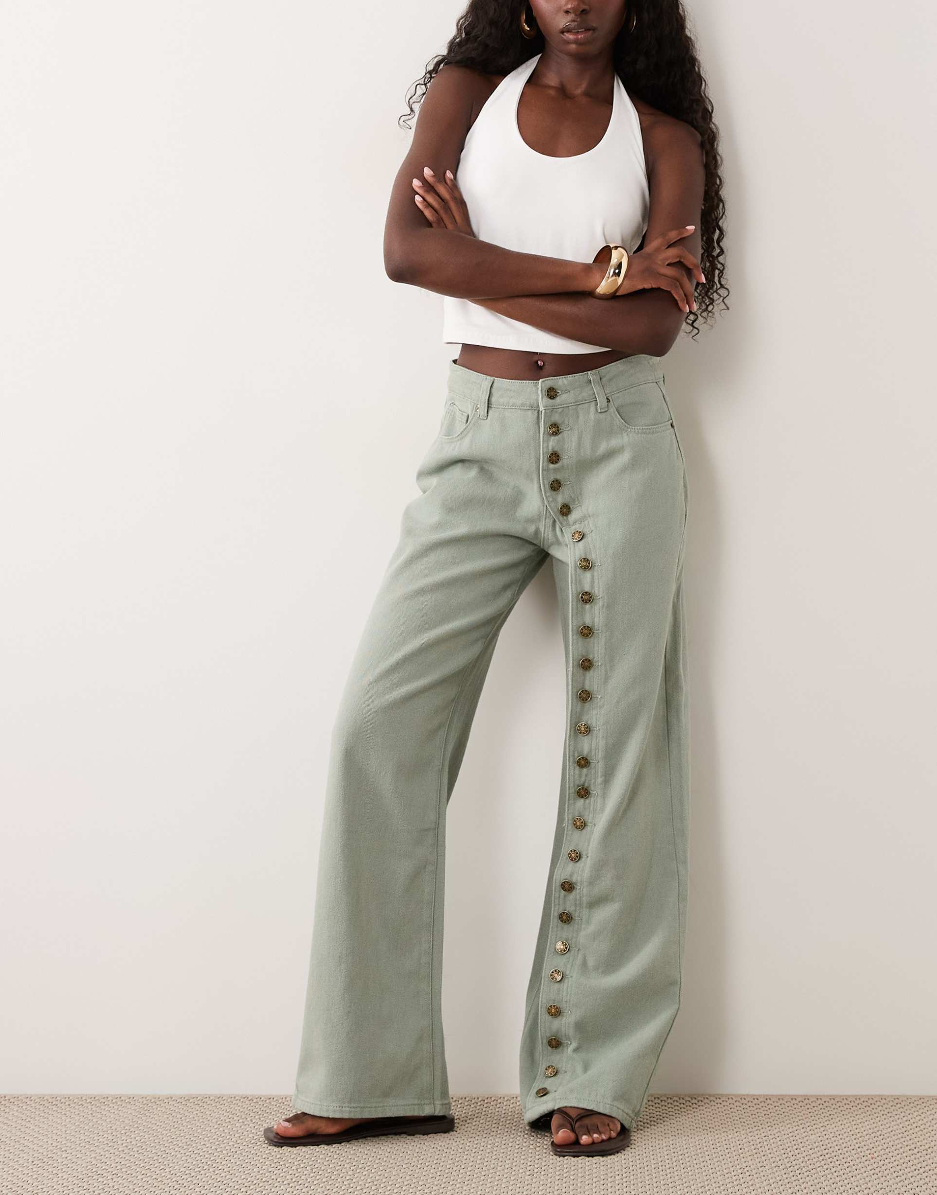 lioness penny asymmetric button detail relaxed leg jeans in khaki