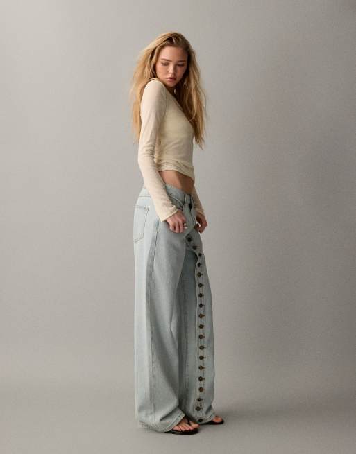 Lioness Penny asymmetric button detail relaxed leg jeans in light wash, 2 of 7