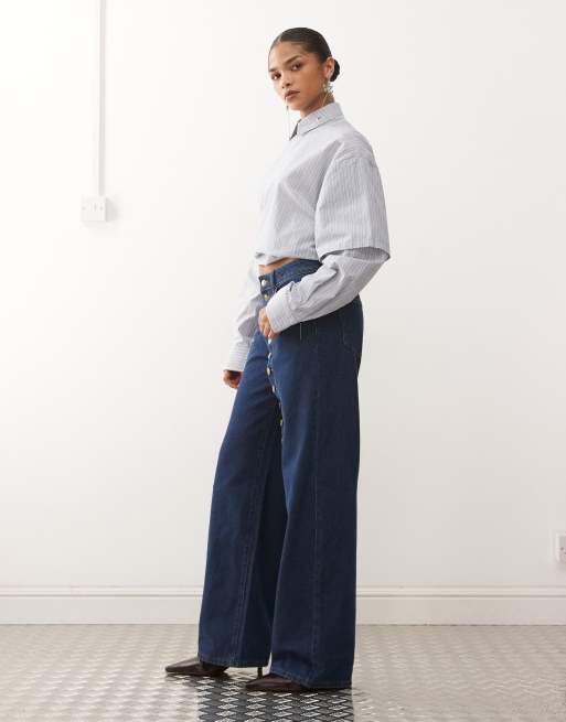 Lioness Penny asymmetric button detail relaxed leg jeans in mid wash, 3 of 5