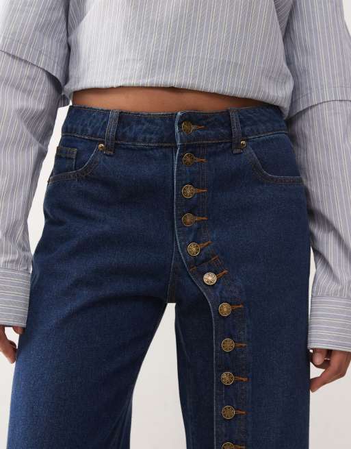 Lioness Penny asymmetric button detail relaxed leg jeans in mid wash, 5 of 5