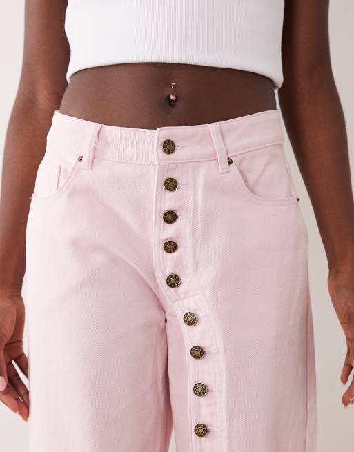 Lioness Penny asymmetric button detail relaxed leg jeans in pink, 5 of 5