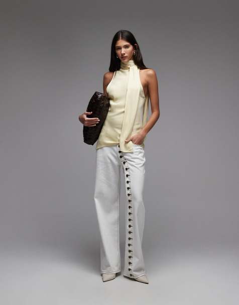 Lioness Penny asymmetric button detail relaxed leg jeans in white - view 1