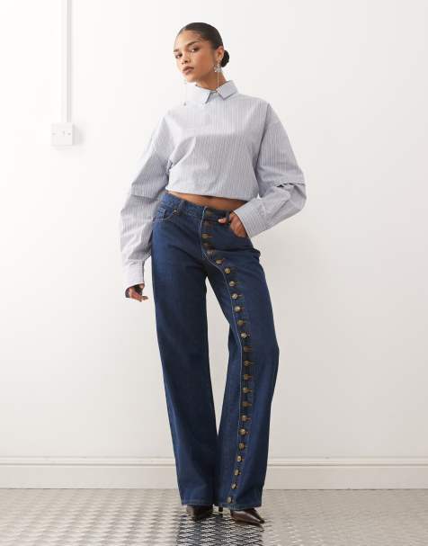 Lioness Penny asymmetric button detail wide leg jeans co-ord in mid wash - view 1