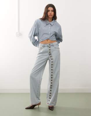 Lioness Penny Asymmetric Button Detail Wide Leg Jeans In Blue