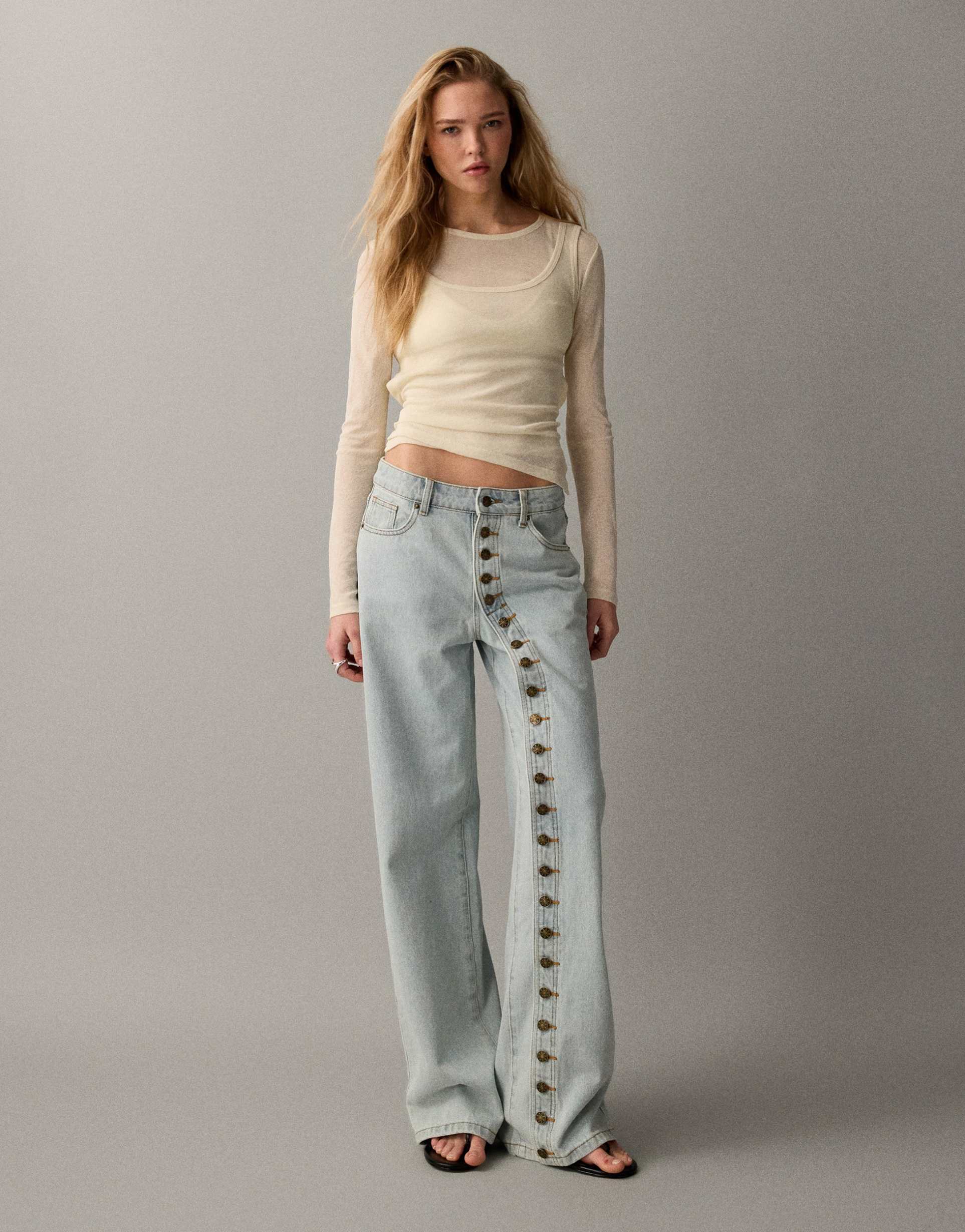 lioness penny asymmetric button detail wide leg jeans in light wash