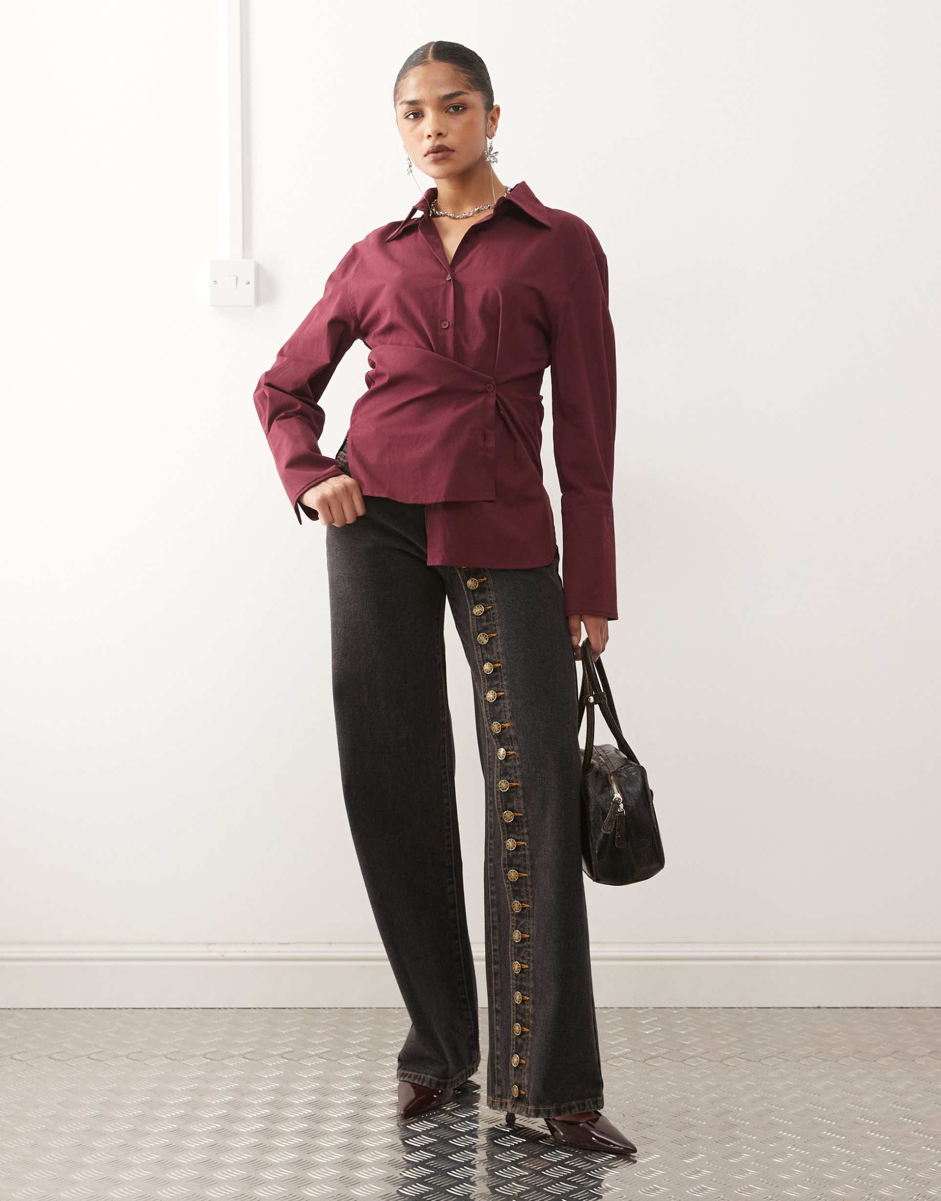 lioness penny asymmetric button detail wide leg jeans in onyx - part of a set