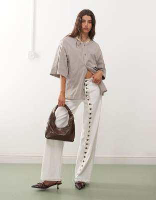 Lioness Penny Asymmetric Button Detail Wide Leg Jeans In White