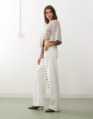 Lioness Penny Asymmetric Button Detail Wide Leg Jeans In White