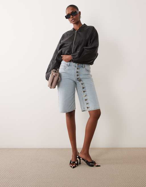 Lioness Penny exclusive asymmetric button detail relaxed leg jorts in light wash denim, 2 of 5