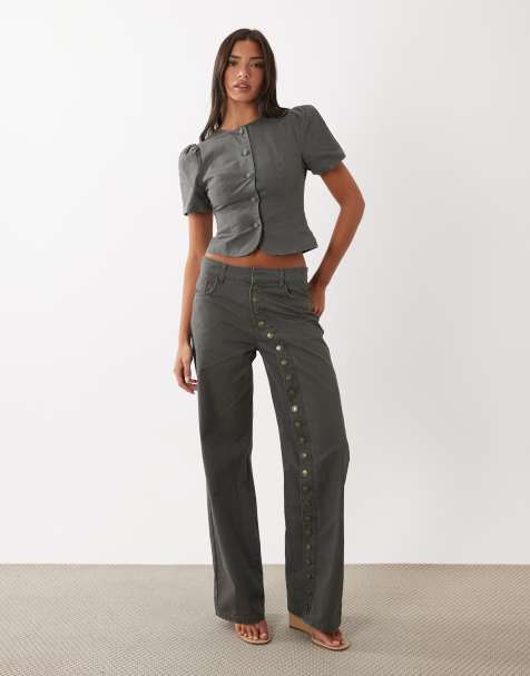 Lioness - Penny - Koksgrå jeans med asymmetrisk knapdetalje og afslappede ben - view 1